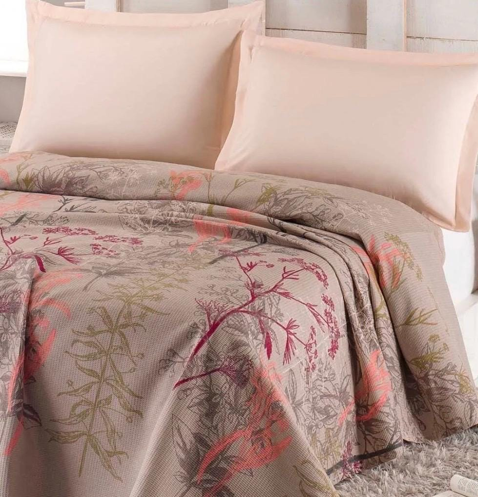 Beige Botanical Floral Bird Pattern Turkish Cotton Bedspread
