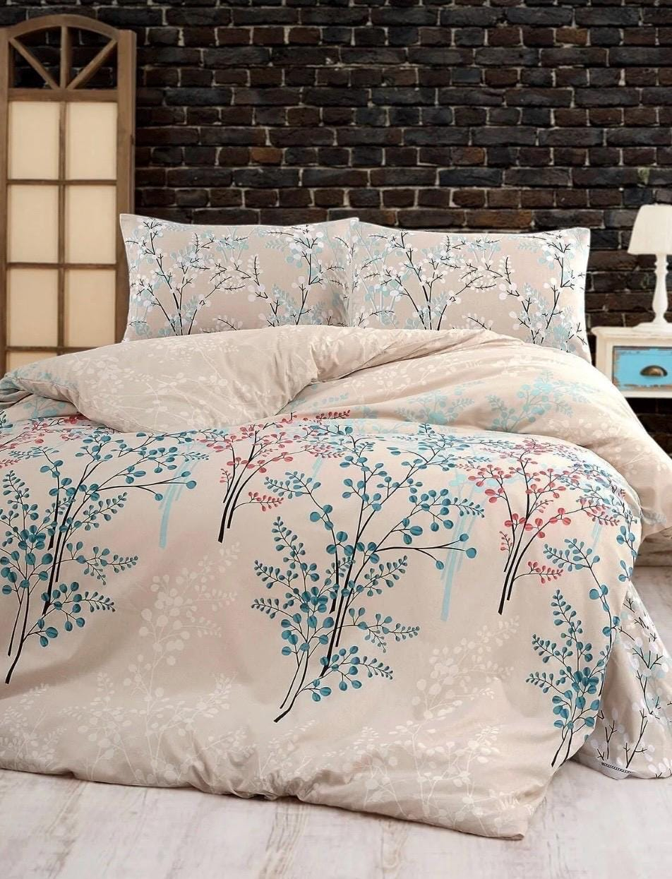 Beige Botanical Branch Floral Pattern 4 Piece Bedding Set