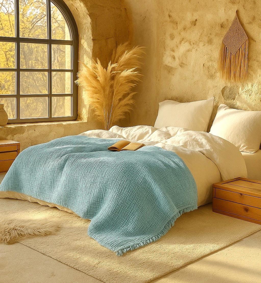 Turquoise Striped Texture Cotton Bedspread